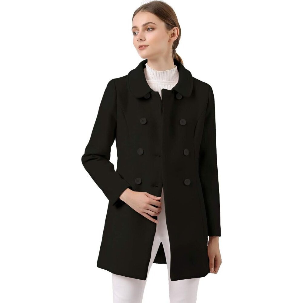 🆕Women's Black Peter Pan Collar Double Breasted Winter Long Trench Pea Coat